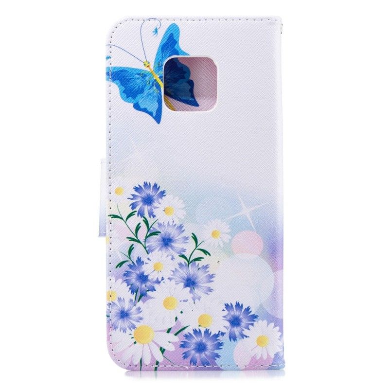 Lærdeksel Folio Deksel Huawei Mate 20 Pro Magenta Mobildeksel Malte Sommerfugler Og Blomster