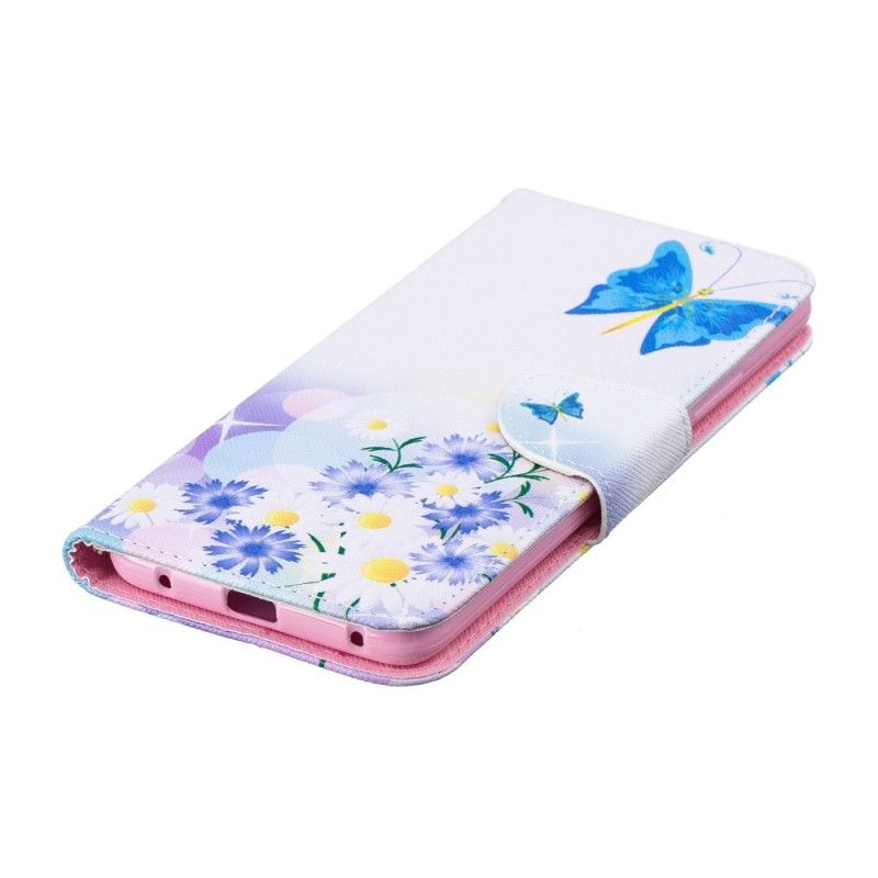 Lærdeksel Folio Deksel Huawei Mate 20 Pro Magenta Mobildeksel Malte Sommerfugler Og Blomster