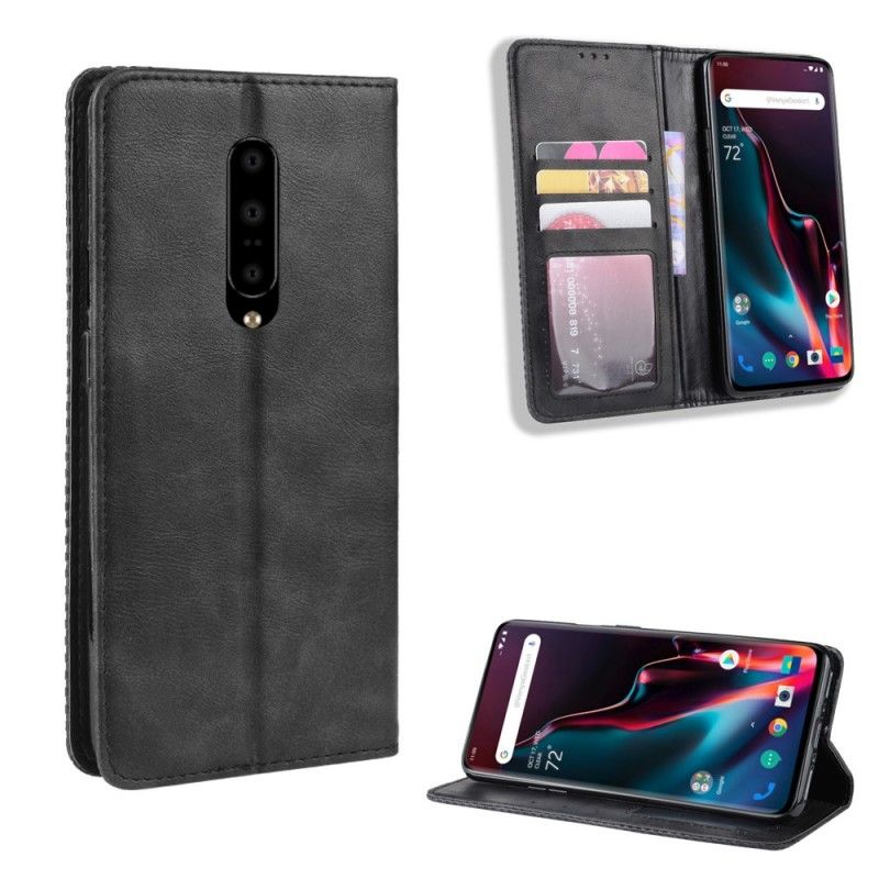 Folio Deksel OnePlus 7 Pro Svart Stilisert Vintage Skinneffekt