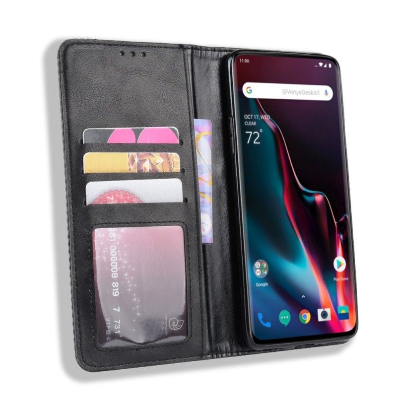 Folio Deksel OnePlus 7 Pro Svart Stilisert Vintage Skinneffekt