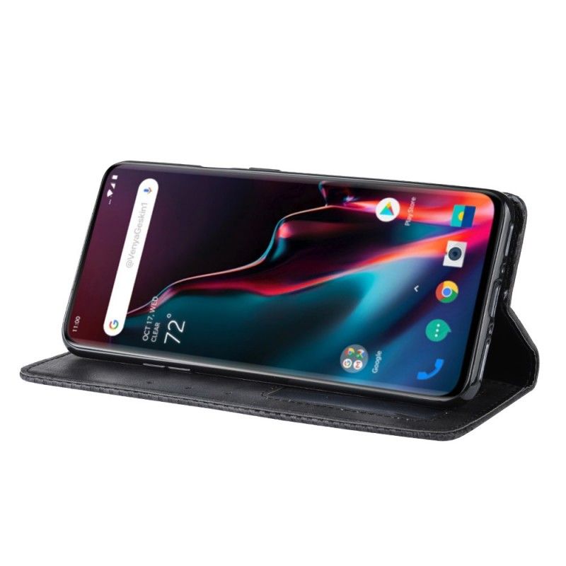 Folio Deksel OnePlus 7 Pro Svart Stilisert Vintage Skinneffekt