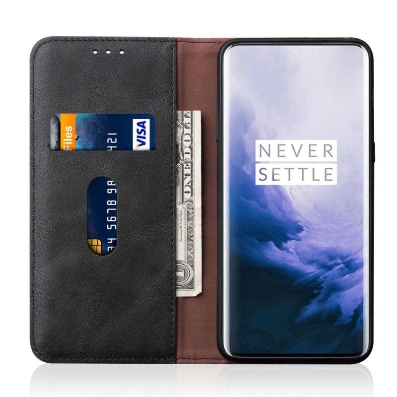 Folio Deksel OnePlus 7 Pro Svart Sydd Skinneffekt Beskyttelse