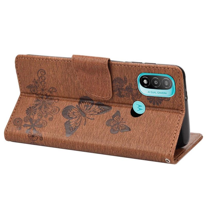 Lærdeksel Folio Deksel Moto E20 / E30 / E40 Mobildeksel Splendid Strap Sommerfugler