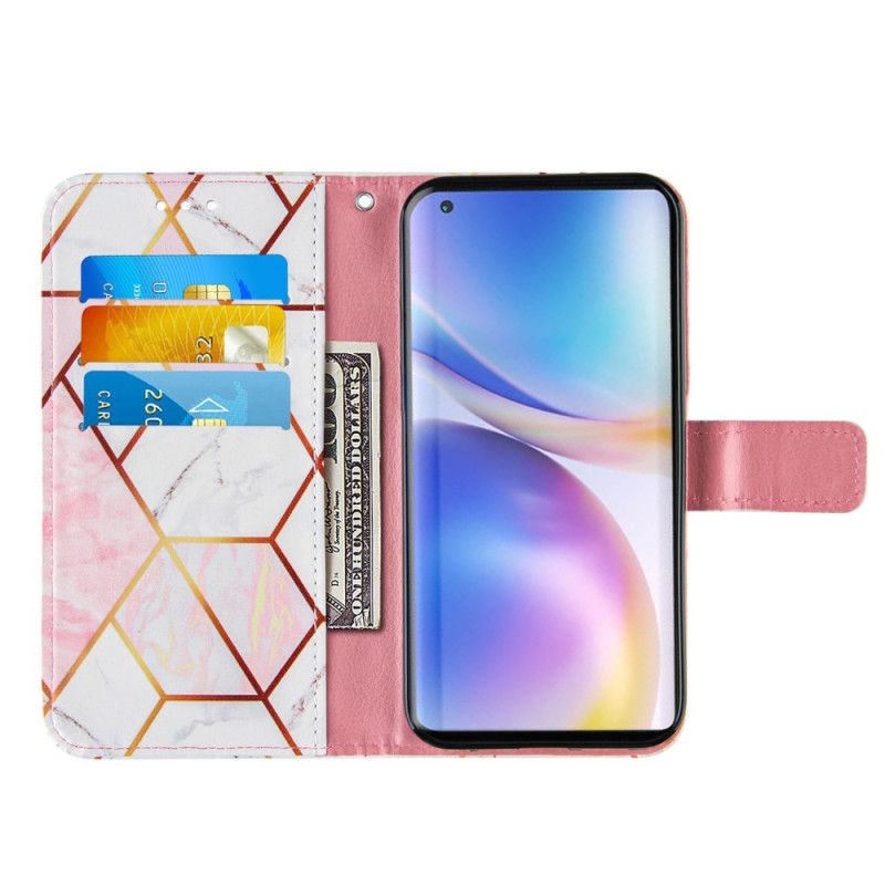 Lærdeksel Folio Deksel OnePlus 9 Pro Rosa Mobildeksel Geometrisk Marmor Med Stropp