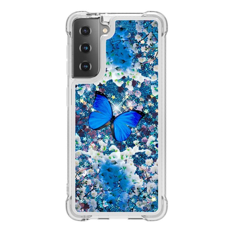 Deksel for Samsung Galaxy S21 5G Blå Glitter Sommerfugler