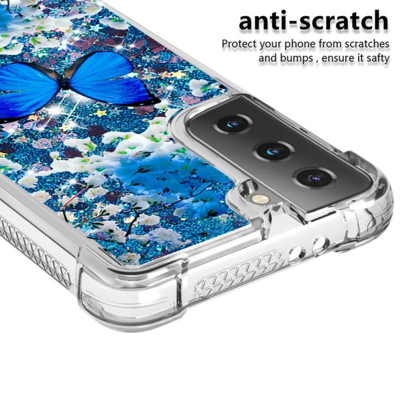 Deksel for Samsung Galaxy S21 5G Blå Glitter Sommerfugler