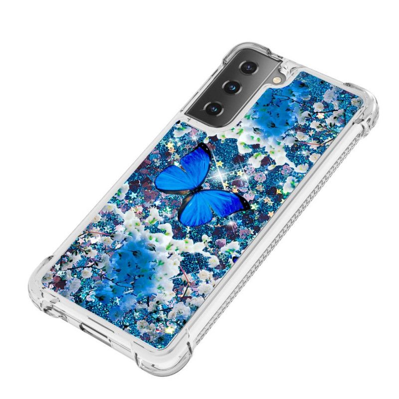 Deksel for Samsung Galaxy S21 5G Blå Glitter Sommerfugler