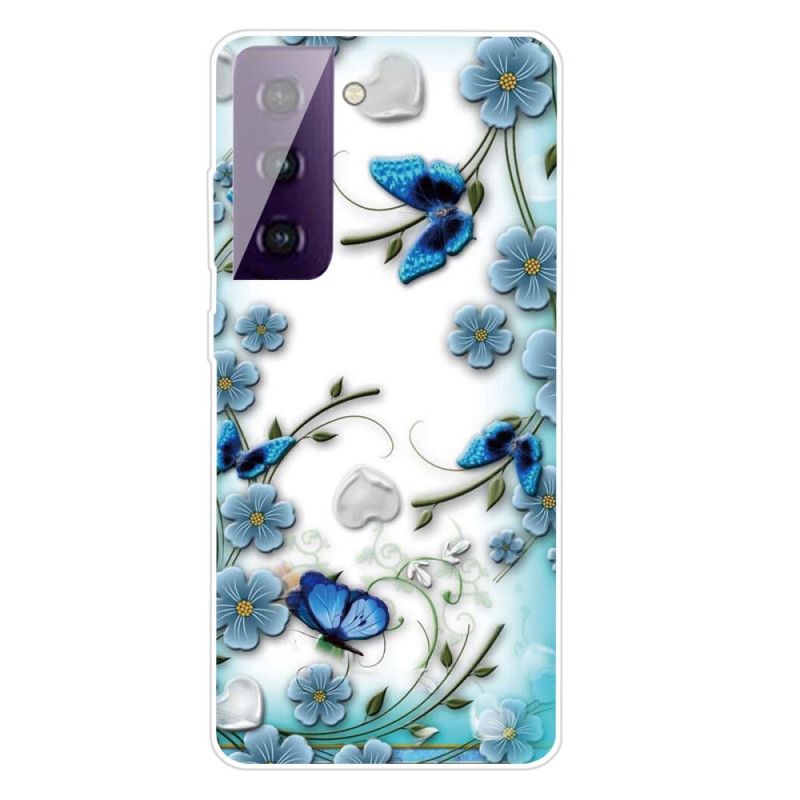 Deksel for Samsung Galaxy S21 5G Retro Sommerfugler Og Blomster