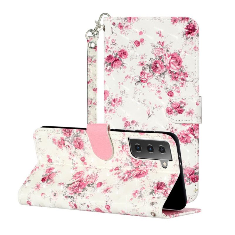 Folio Deksel Samsung Galaxy S21 5G Blomster Lette Flekker Med Stropp