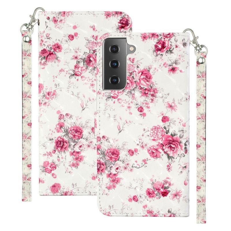 Folio Deksel Samsung Galaxy S21 5G Blomster Lette Flekker Med Stropp