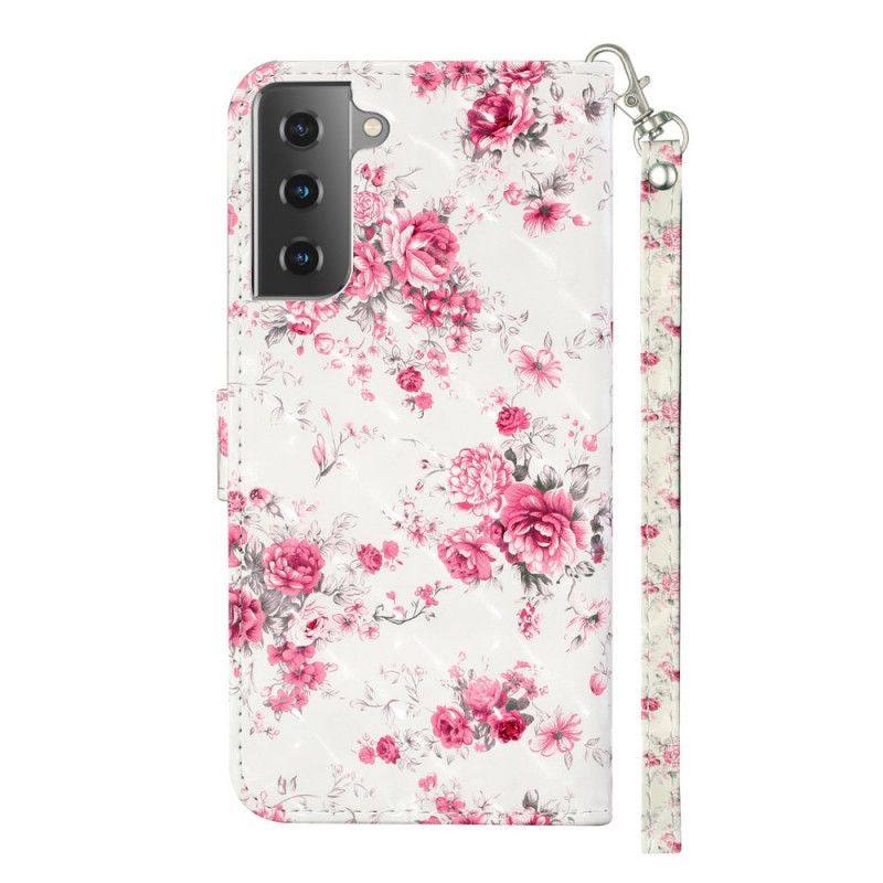 Folio Deksel Samsung Galaxy S21 5G Blomster Lette Flekker Med Stropp