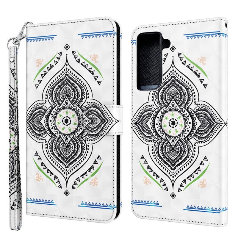 Folio Deksel Samsung Galaxy S21 5G Hvit Lys Flekker Mandala Med Stropp