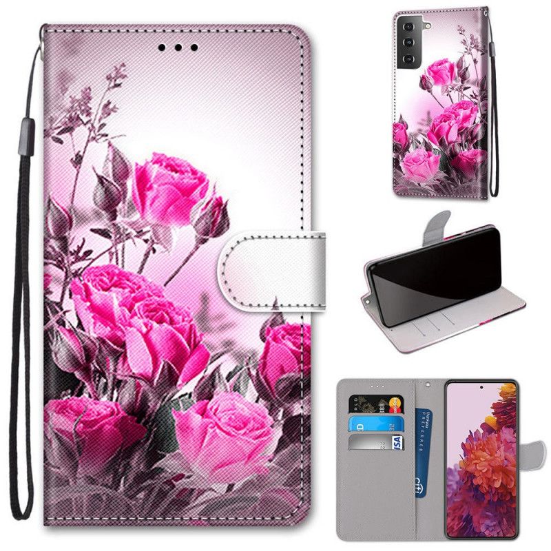 Lærdeksel Folio Deksel Samsung Galaxy S21 5G Magenta Mobildeksel Magiske Blomster