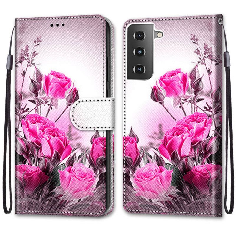 Lærdeksel Folio Deksel Samsung Galaxy S21 5G Magenta Mobildeksel Magiske Blomster