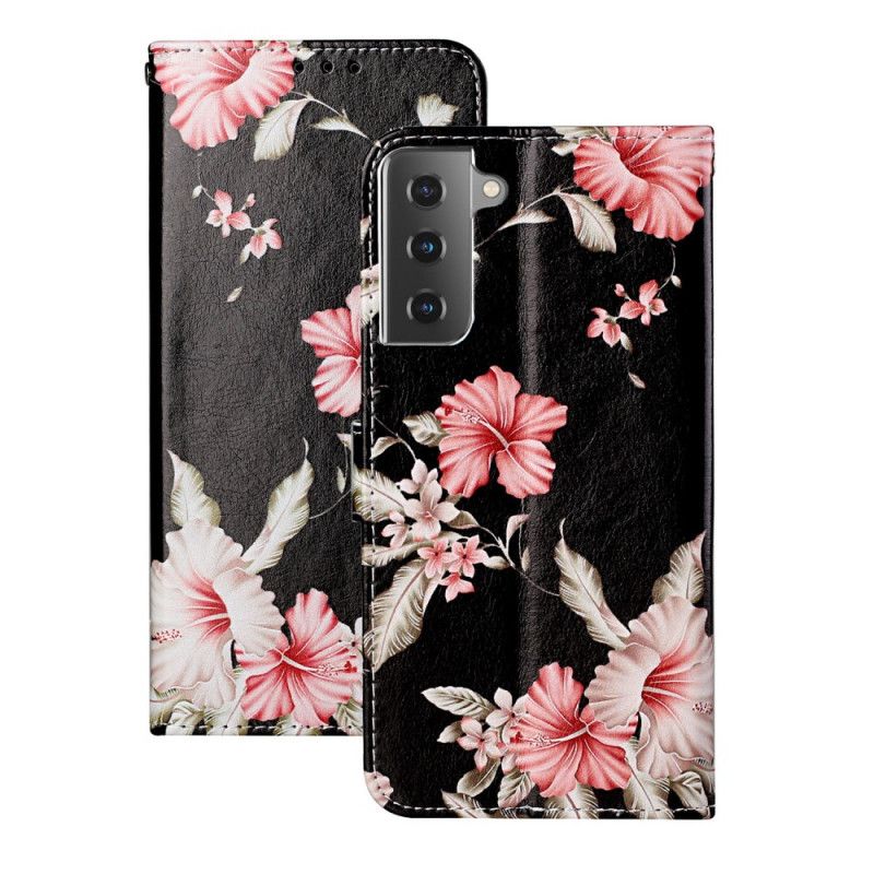 Lærdeksel Folio Deksel Samsung Galaxy S21 5G Svart Ville Blomster