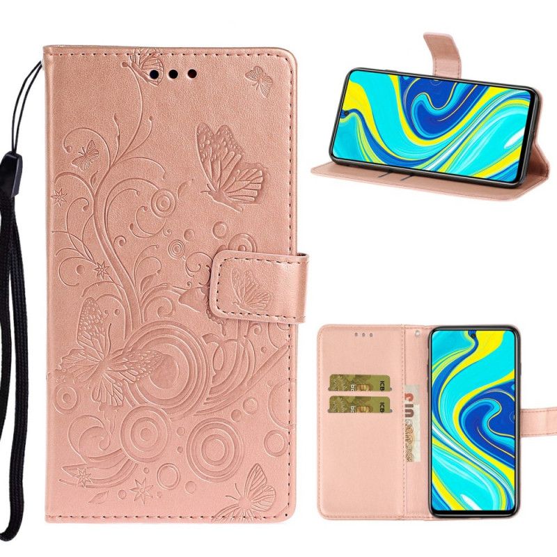 Folio Deksel Xiaomi Redmi Note 9S / Note 9 Pro Magenta Sommerfugler I Blomstene