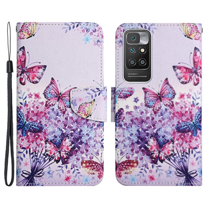 Lærdeksel Folio Deksel Xiaomi Redmi 10 Mobildeksel Bukett Med Blomster Og Sommerfugler