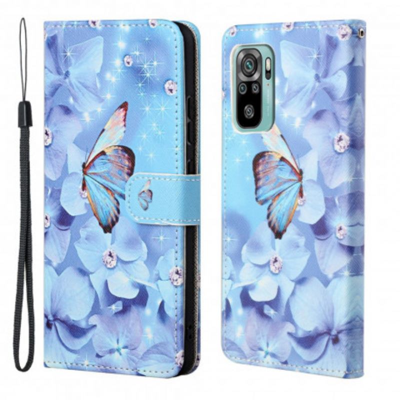 Lærdeksel Folio Deksel Xiaomi Redmi 10 Mobildeksel Diamond Strappy Butterflies