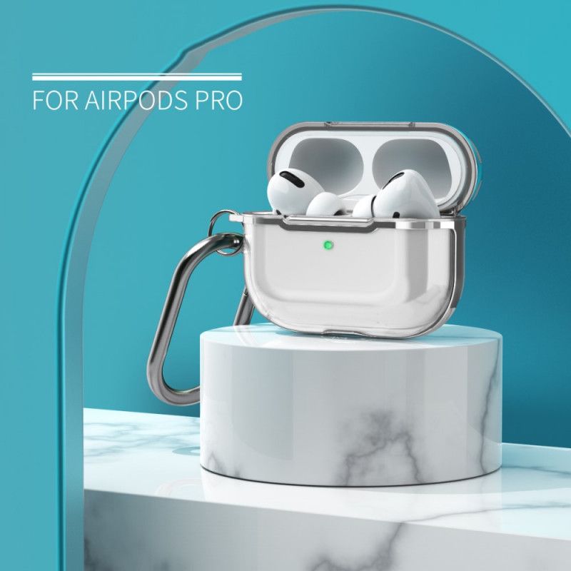 Deksel for AirPods Pro Grå Gjennomsiktig Metallisk Design Med Karabinkrok