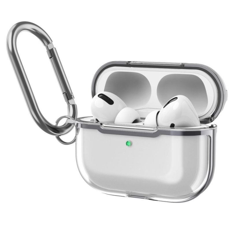 Deksel for AirPods Pro Grå Gjennomsiktig Metallisk Design Med Karabinkrok