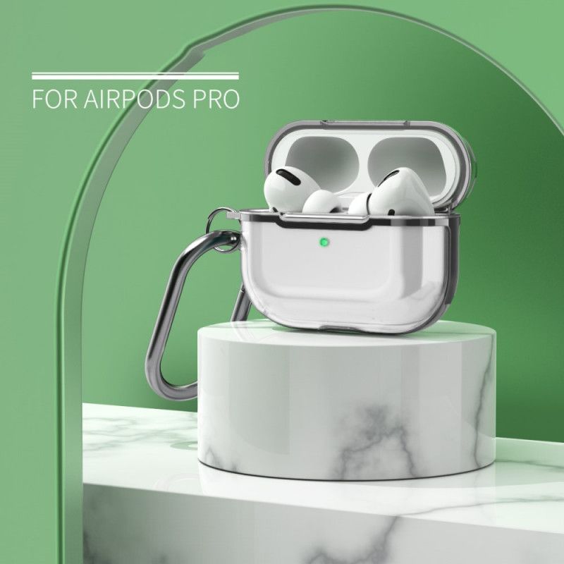 Deksel for AirPods Pro Grå Gjennomsiktig Metallisk Design Med Karabinkrok