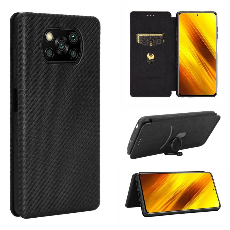 Folio Deksel Xiaomi Poco X3 Svart Karbonfiber Med Støttering Beskyttelse