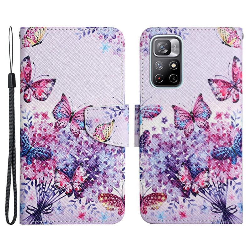 Lærdeksel Folio Deksel Xiaomi Redmi Note 11 / Poco M4 Pro 5g Mobildeksel Bukett Med Blomster Og Sommerfugler