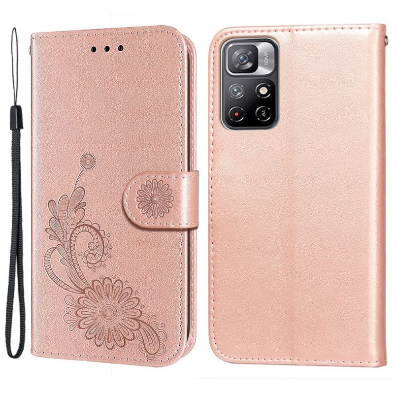 Lærdeksel Folio Deksel Xiaomi Redmi Note 11 / Poco M4 Pro 5g Mobildeksel Lace And Lotus Strappy