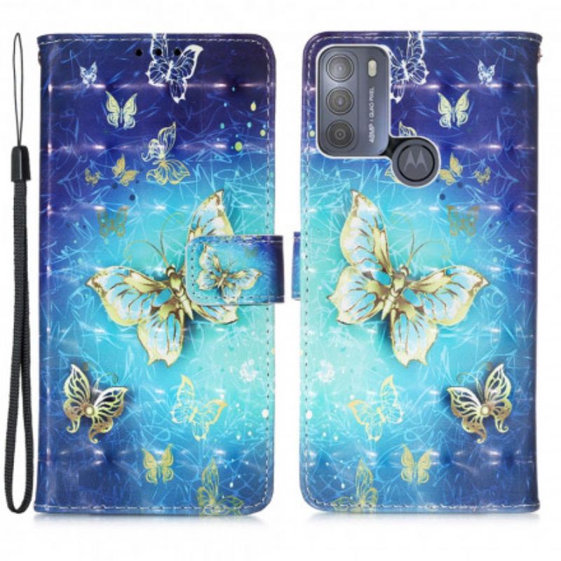 Folio Deksel Moto G50 Gold Butterflies Lanyard