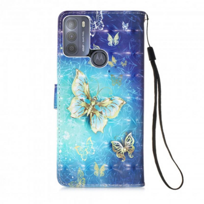 Folio Deksel Moto G50 Gold Butterflies Lanyard