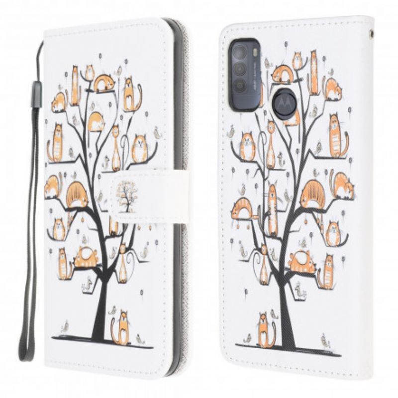 Lærdeksel Folio Deksel Moto G50 Mobildeksel Funky Cats Strappy