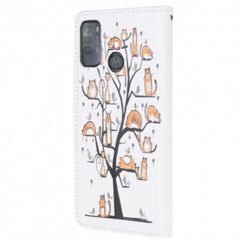 Lærdeksel Folio Deksel Moto G50 Mobildeksel Funky Cats Strappy