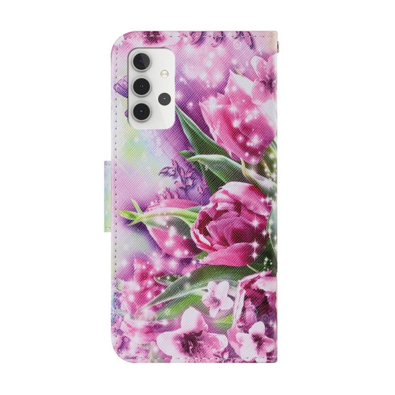 Folio Deksel for Samsung Galaxy A32 5G Sommerfugler Og Tulipaner