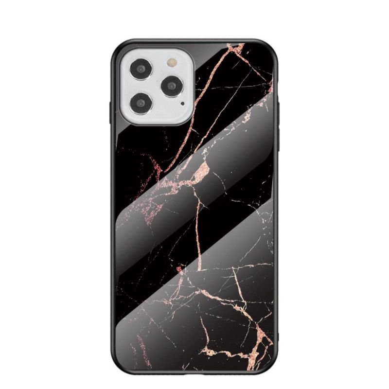 Deksel for iPhone 12 / 12 Pro Svart Marmorfarger Herdet Glass