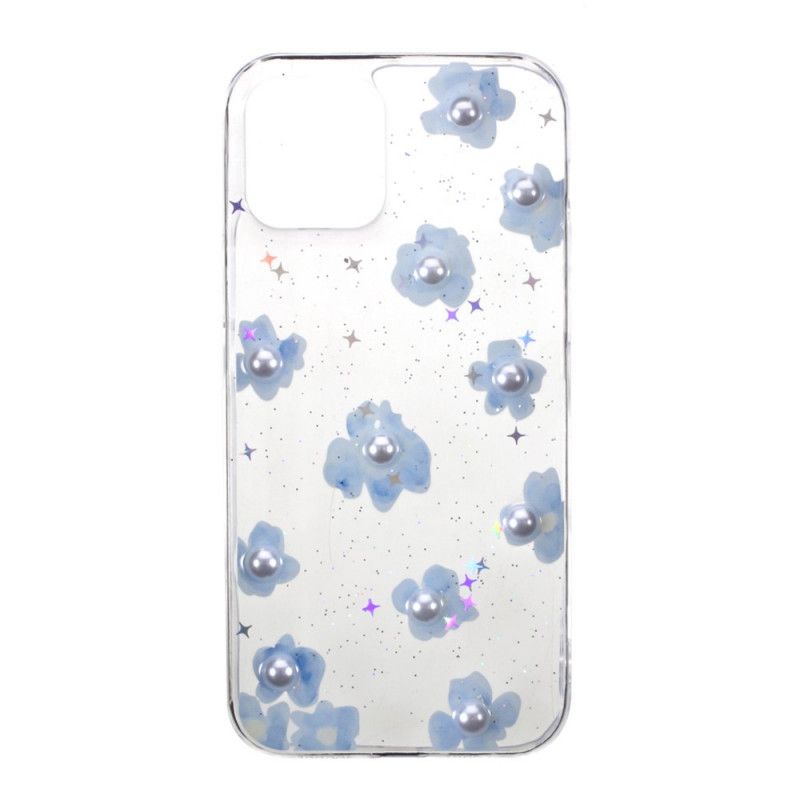 Deksel iPhone 12 / 12 Pro Lyseblå Blomster Og Perler Beskyttelse