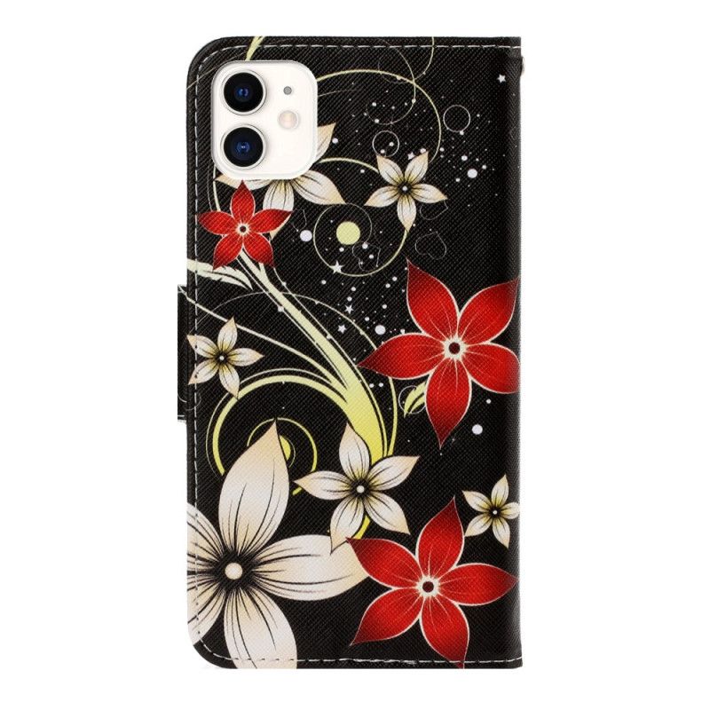 Folio Deksel iPhone 12 / 12 Pro Svart Fargerike Blomster Med Stropp