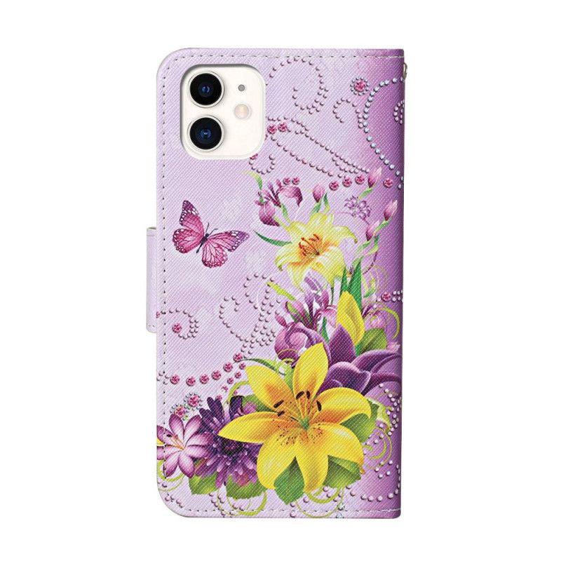 Lærdeksel Folio Deksel iPhone 12 / 12 Pro Magenta Mobildeksel Mesterlige Blomster Med Tanga