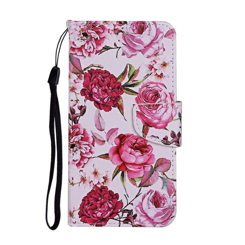 Lærdeksel Folio Deksel iPhone 12 / 12 Pro Magenta Mobildeksel Mesterlige Blomster Med Tanga