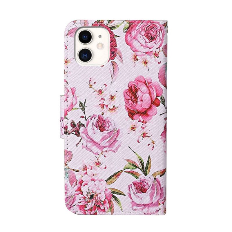 Lærdeksel Folio Deksel iPhone 12 / 12 Pro Magenta Mobildeksel Mesterlige Blomster Med Tanga