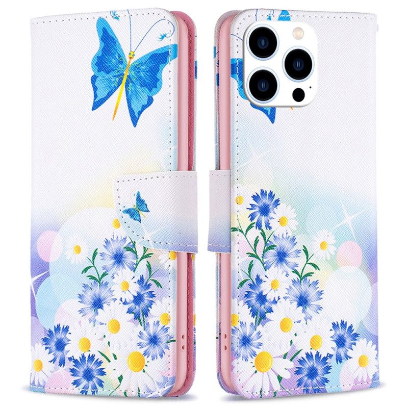 Folio Deksel iPhone 16 Pro Max Sommerfugl Og Blomster