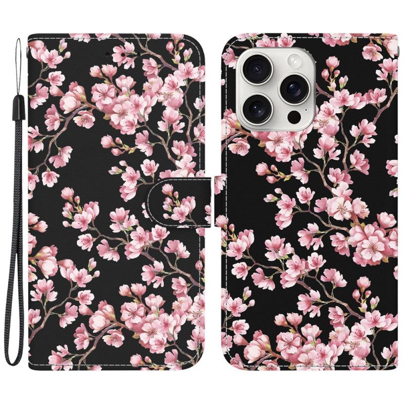 Folio Deksel iPhone 16 Pro Max Strappede Plommeblomster Beskyttelse Deksel