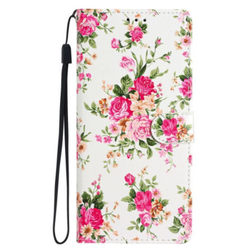 Lærdeksel Folio Deksel iPhone 16 Pro Max Røde Blomster Med Stropp