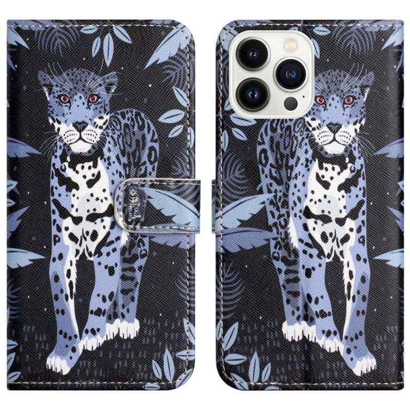 Lærdeksel Folio Deksel iPhone 16 Pro Max Strappy Med Leopardtrykk