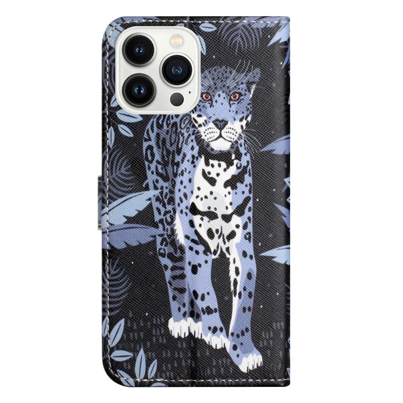 Lærdeksel Folio Deksel iPhone 16 Pro Max Strappy Med Leopardtrykk