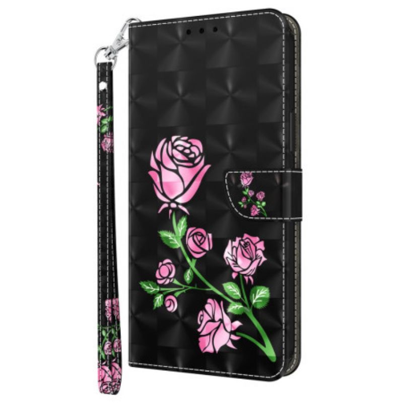 Folio Deksel Til Samsung Galaxy A16 5g Rosa Blomster Med Stropp