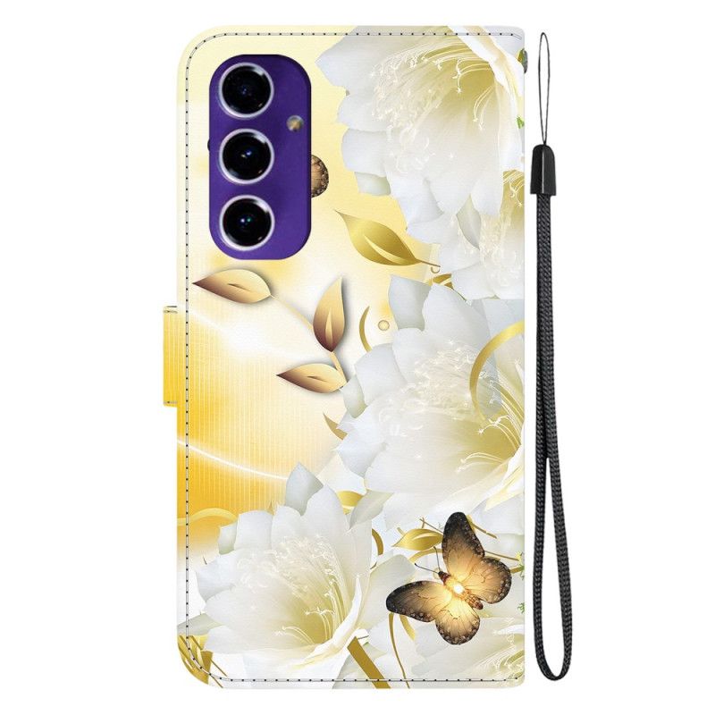 Lærdeksel Folio Deksel Samsung Galaxy A16 5g Gylden Sommerfugl Og Hvite Blomster