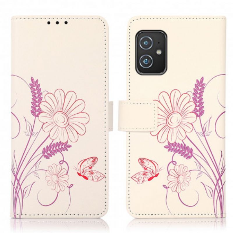 Folio Deksel Asus Zenfone 8 Tegning Av Sommerfugler Og Blomster