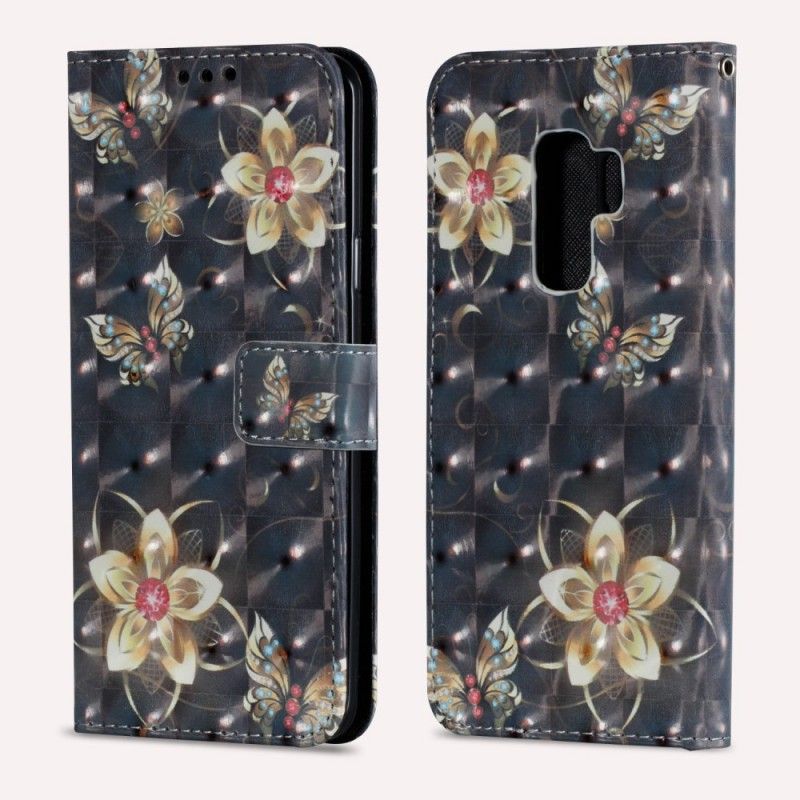 Lærdeksel Folio Deksel Samsung Galaxy S9 Plus Svart Retro Fargerike Blomster