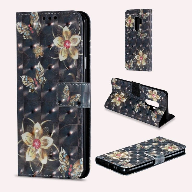 Lærdeksel Folio Deksel Samsung Galaxy S9 Plus Svart Retro Fargerike Blomster