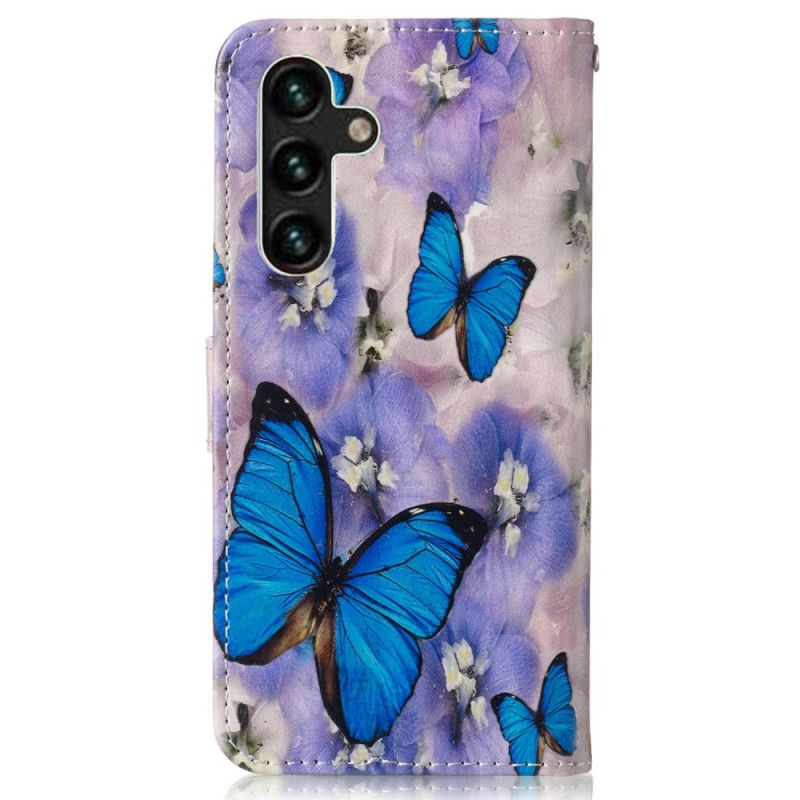 Folio Deksel Samsung Galaxy S24 Fe Lilla Blomster Og Blå Sommerfugler